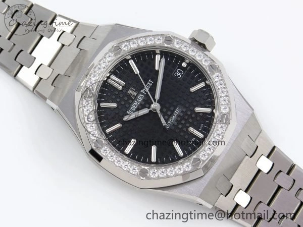 Royal Oak 37mm 15450 Diamond SS APSF 1:1 Best Edition Black Textured Dial on SS Bracelet SA3120 Super Clone