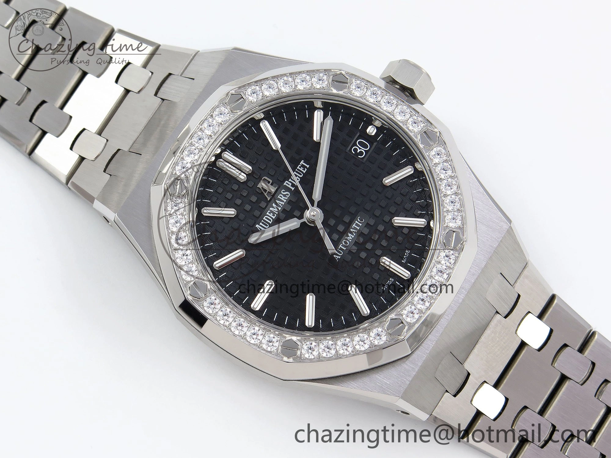 Royal Oak 37mm 15450 Diamond SS APSF 1:1 Best Edition Black Textured Dial on SS Bracelet SA3120 Super Clone