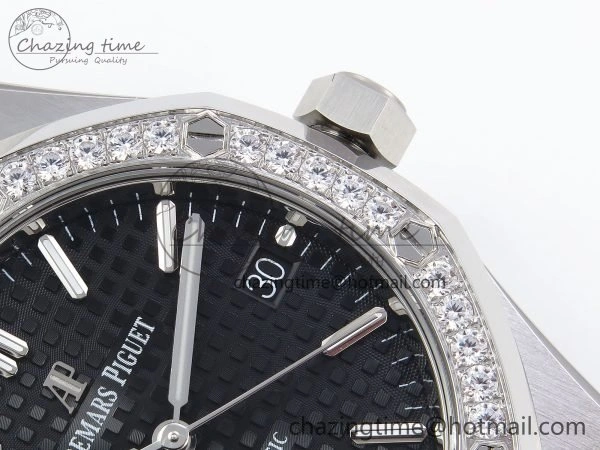 Royal Oak 37mm 15450 Diamond SS APSF 1:1 Best Edition Black Textured Dial on SS Bracelet SA3120 Super Clone