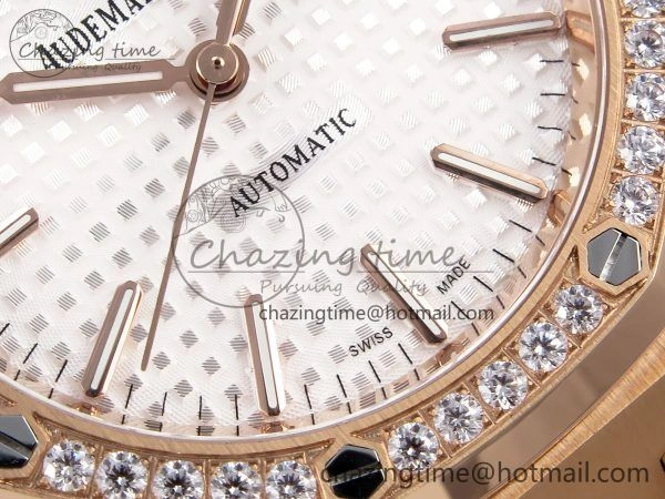 Royal Oak 37mm 15450 RG Diamonds Bezel IPF Best Edition White Dial on RG Bracelet SA3120 Super Clone