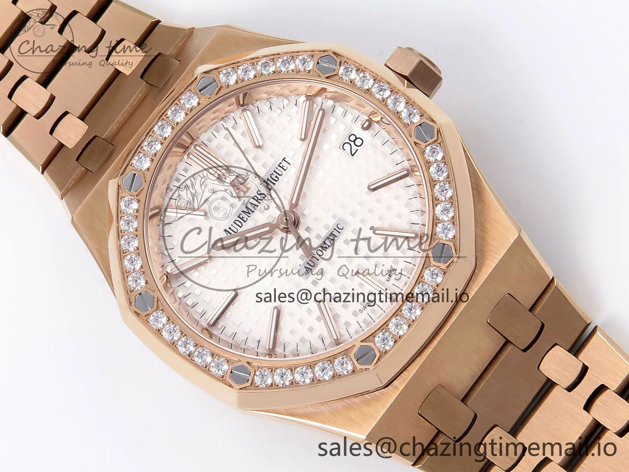 Royal Oak 37mm 15450 RG Diamonds Bezel IPF Best Edition White Dial on RG Bracelet SA3120 Super Clone