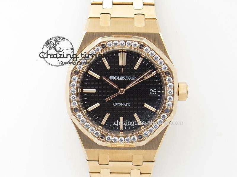Royal Oak 37mm 15450 RG JF 1:1 Best Edition Diamonds Bezel Black Dial On RG Bracelet A3120
