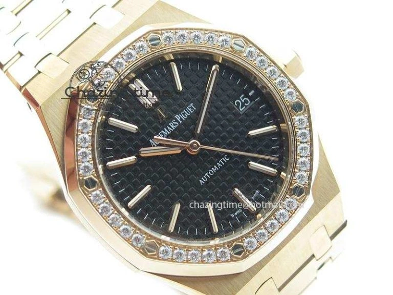 Royal Oak 37mm 15450 RG JF 1:1 Best Edition Diamonds Bezel Black Dial On RG Bracelet A3120