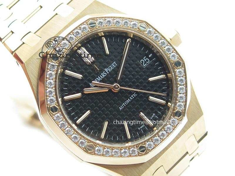 Royal Oak 37mm 15450 RG JF 1:1 Best Edition Diamonds Bezel Black Dial On RG Bracelet A3120