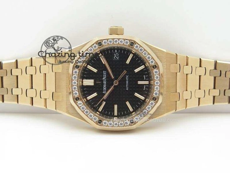 Royal Oak 37mm 15450 RG JF 1:1 Best Edition Diamonds Bezel Black Dial On RG Bracelet A3120