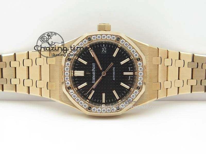 Royal Oak 37mm 15450 RG JF 1:1 Best Edition Diamonds Bezel Black Dial On RG Bracelet A3120