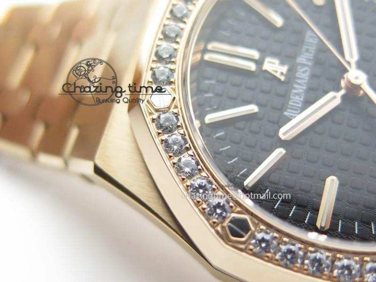 Royal Oak 37mm 15450 RG JF 1:1 Best Edition Diamonds Bezel Black Dial On RG Bracelet A3120