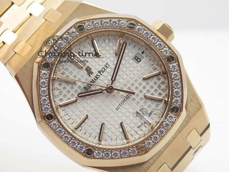Royal Oak 37mm 15450 RG JF 1:1 Best Edition Diamonds Bezel Silver Dial On RG Bracelet A3120