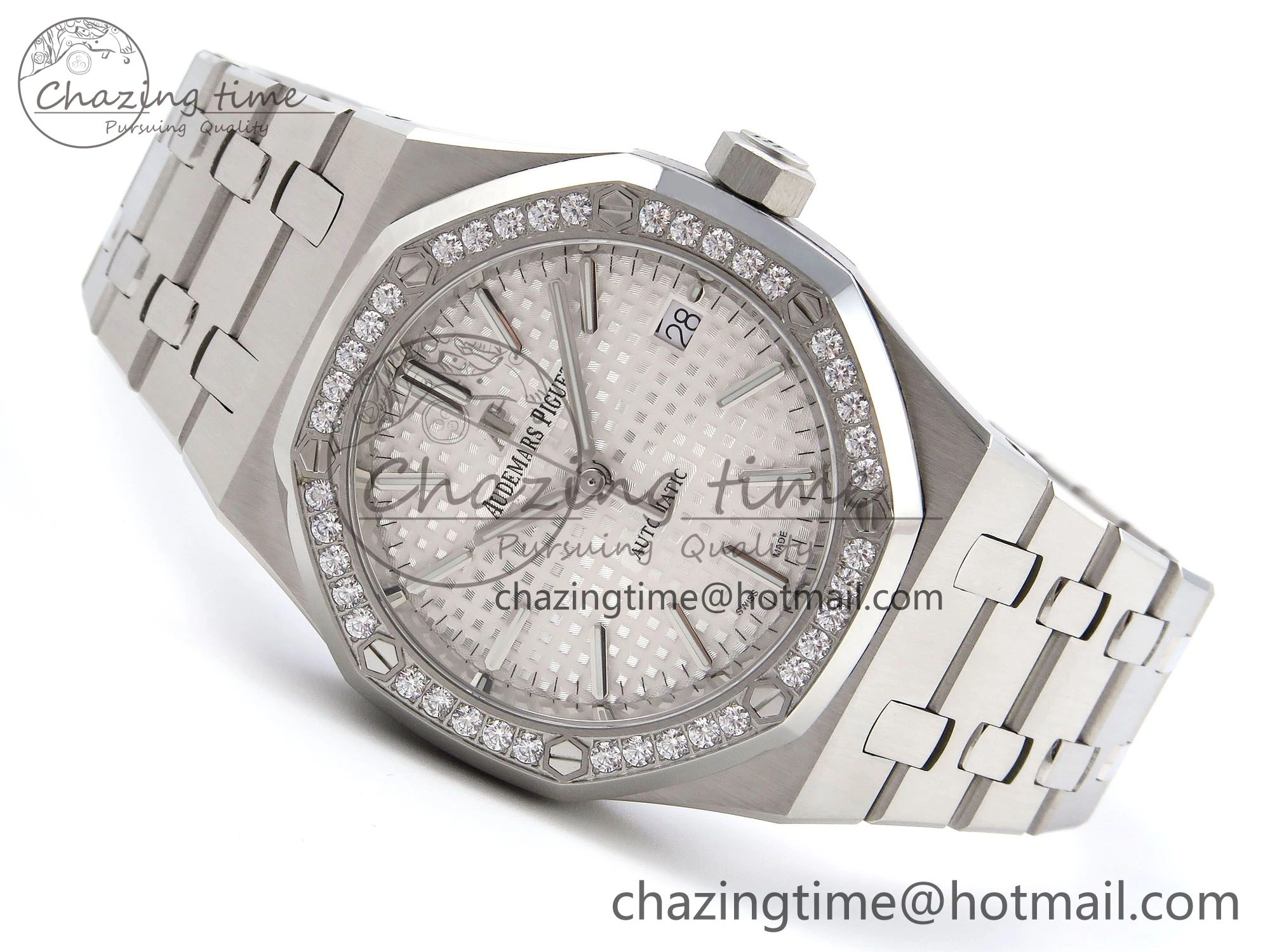 Royal Oak 37mm 15450 SS Diamonds Bezel IPF Best Edition White Dial on SS Bracelet SA3120 Super Clone
