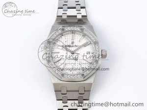 Royal Oak 37mm 15450 SS Diamonds Bezel IPF Best Edition White Dial on SS Bracelet SA3120 Super Clone