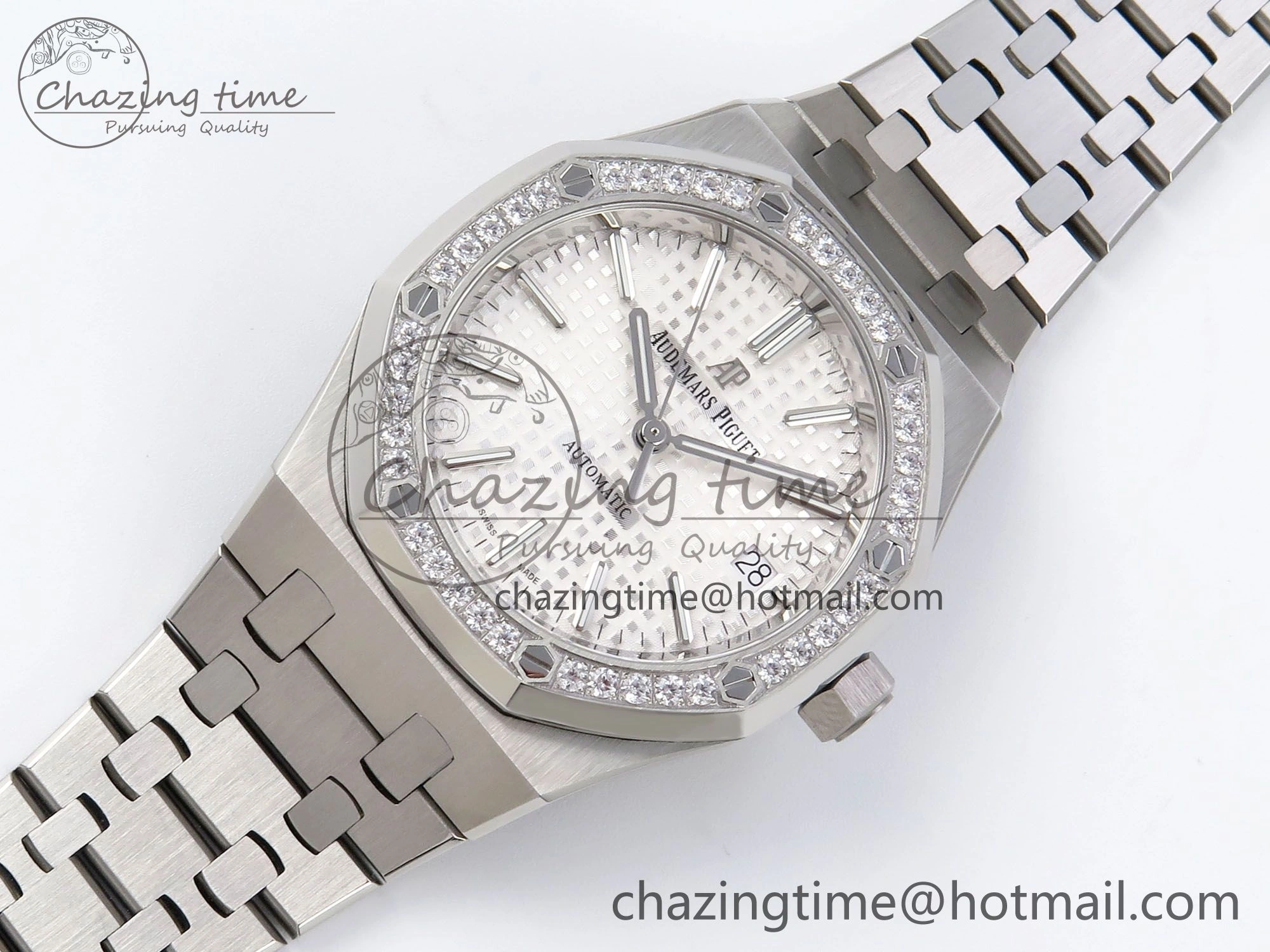 Royal Oak 37mm 15450 SS Diamonds Bezel IPF Best Edition White Dial on SS Bracelet SA3120 Super Clone