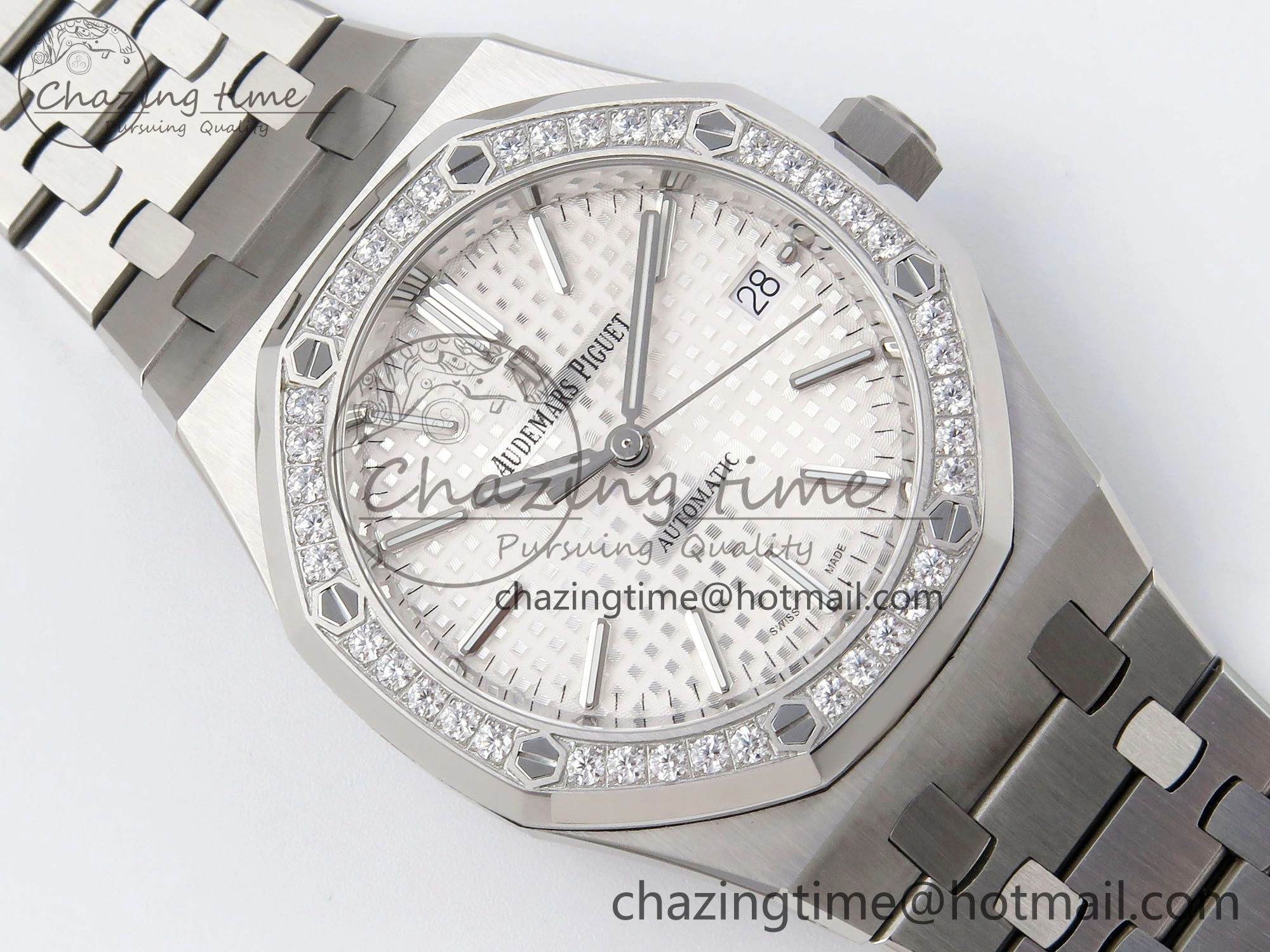 Royal Oak 37mm 15450 SS Diamonds Bezel IPF Best Edition White Dial on SS Bracelet SA3120 Super Clone