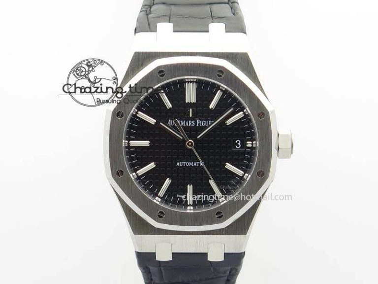 Royal Oak 37mm 15450 SS JF 1:1 Best Edition Black Dial On Black Leather Strap A3120