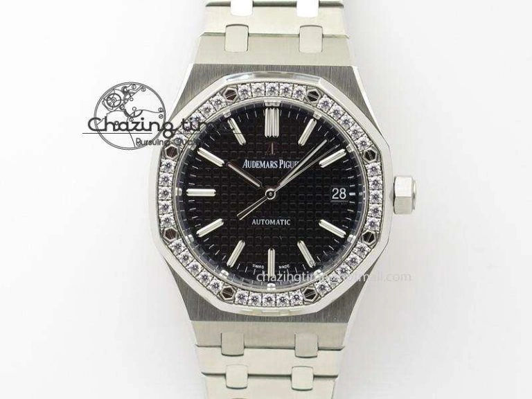 Royal Oak 37mm 15450 SS JF 1:1 Best Edition Diamonds Bezel Black Dial On SS Bracelet A3120