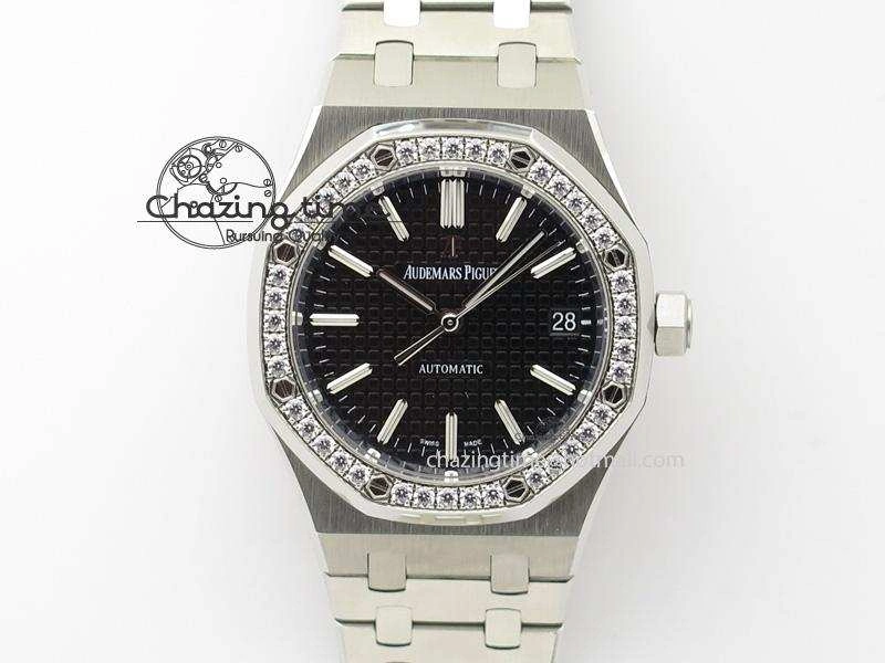 Royal Oak 37mm 15450 SS JF 1:1 Best Edition Diamonds Bezel Black Dial On SS Bracelet A3120