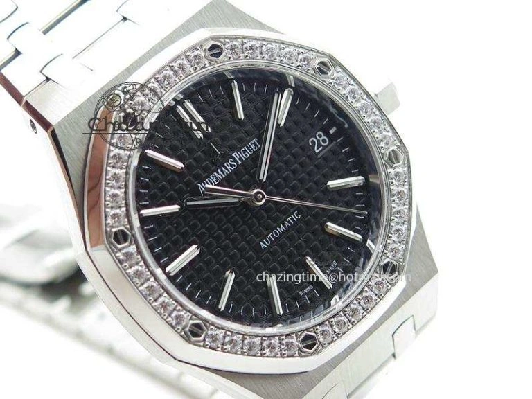 Royal Oak 37mm 15450 SS JF 1:1 Best Edition Diamonds Bezel Black Dial On SS Bracelet A3120