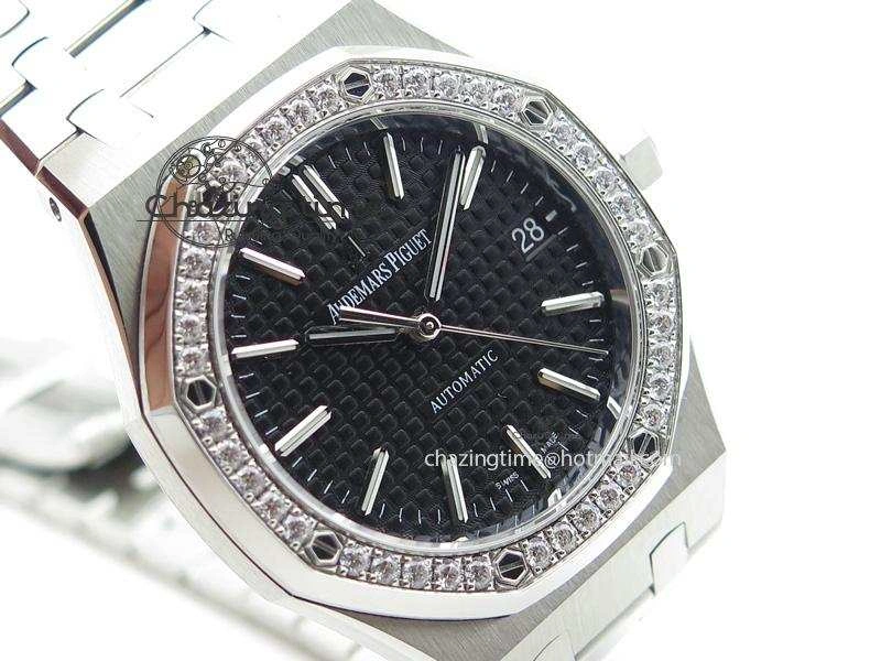 Royal Oak 37mm 15450 SS JF 1:1 Best Edition Diamonds Bezel Black Dial On SS Bracelet A3120