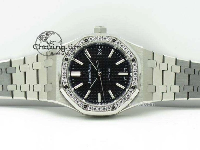 Royal Oak 37mm 15450 SS JF 1:1 Best Edition Diamonds Bezel Black Dial On SS Bracelet A3120