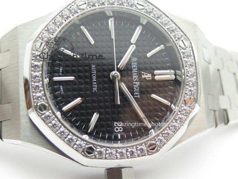 Royal Oak 37mm 15450 SS JF 1:1 Best Edition Diamonds Bezel Black Dial On SS Bracelet A3120