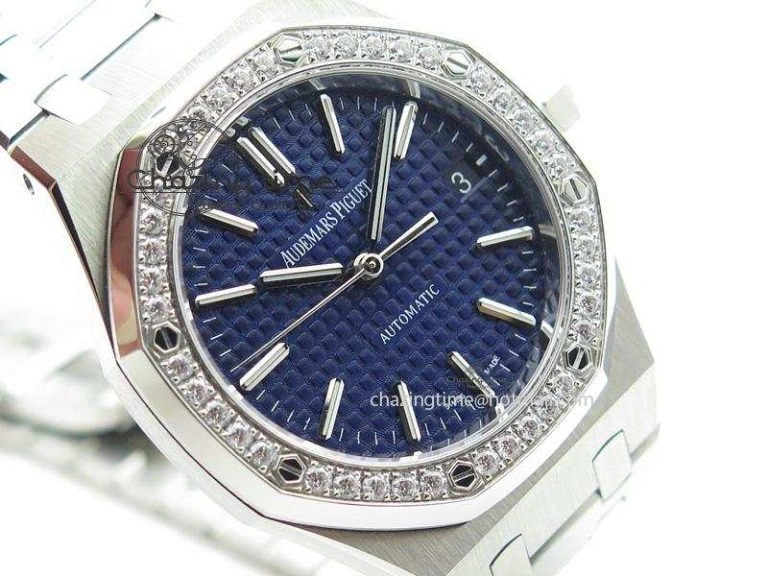 Royal Oak 37mm 15450 SS JF 1:1 Best Edition Diamonds Bezel Blue Dial On SS Bracelet A3120