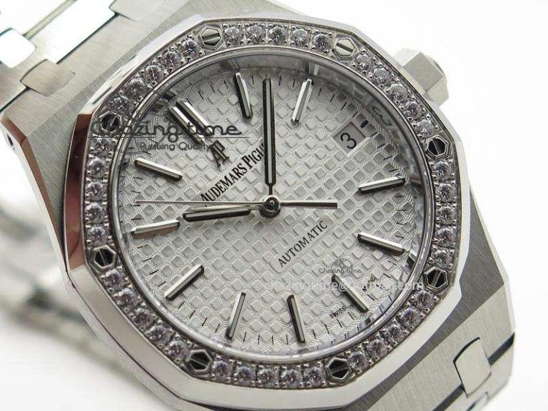 Royal Oak 37mm 15450 SS JF 1:1 Best Edition Diamonds Bezel Silver Dial On SS Bracelet A3120