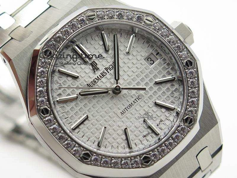 Royal Oak 37mm 15450 SS JF 1:1 Best Edition Diamonds Bezel Silver Dial On SS Bracelet A3120