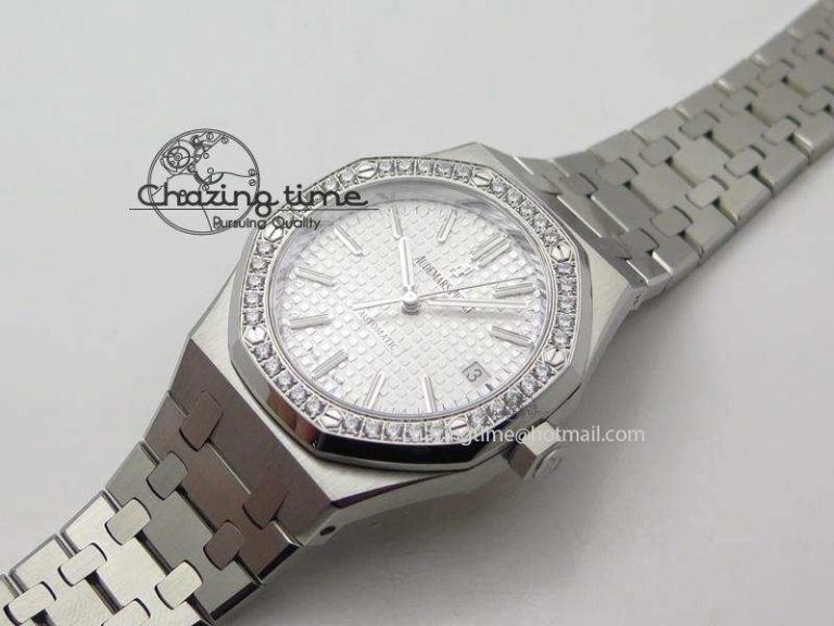 Royal Oak 37mm 15450 SS JF 1:1 Best Edition Diamonds Bezel Silver Dial On SS Bracelet A3120