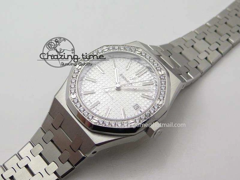 Royal Oak 37mm 15450 SS JF 1:1 Best Edition Diamonds Bezel Silver Dial On SS Bracelet A3120