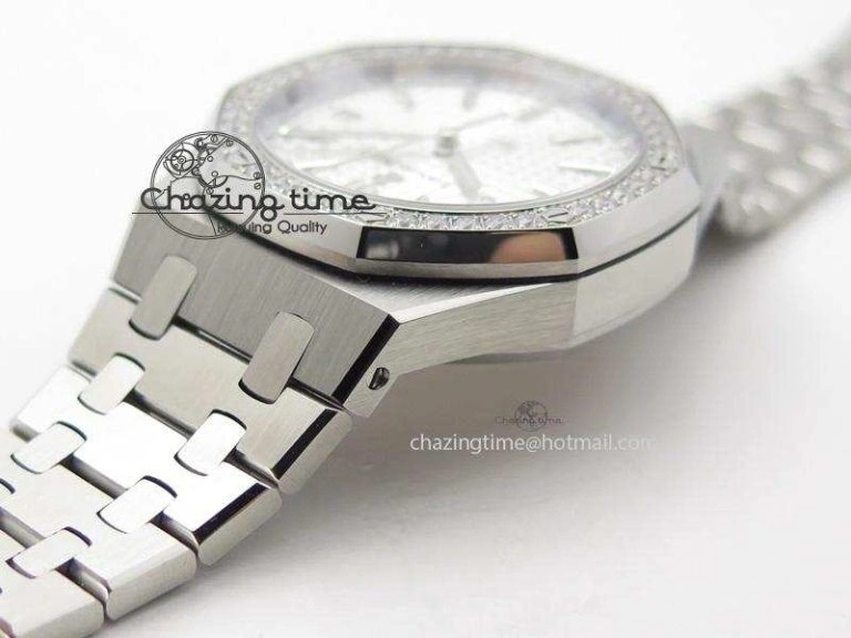 Royal Oak 37mm 15450 SS JF 1:1 Best Edition Diamonds Bezel Silver Dial On SS Bracelet A3120