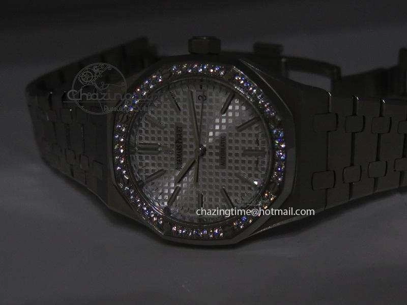 Royal Oak 37mm 15450 SS JF 1:1 Best Edition Diamonds Bezel Silver Dial On SS Bracelet A3120