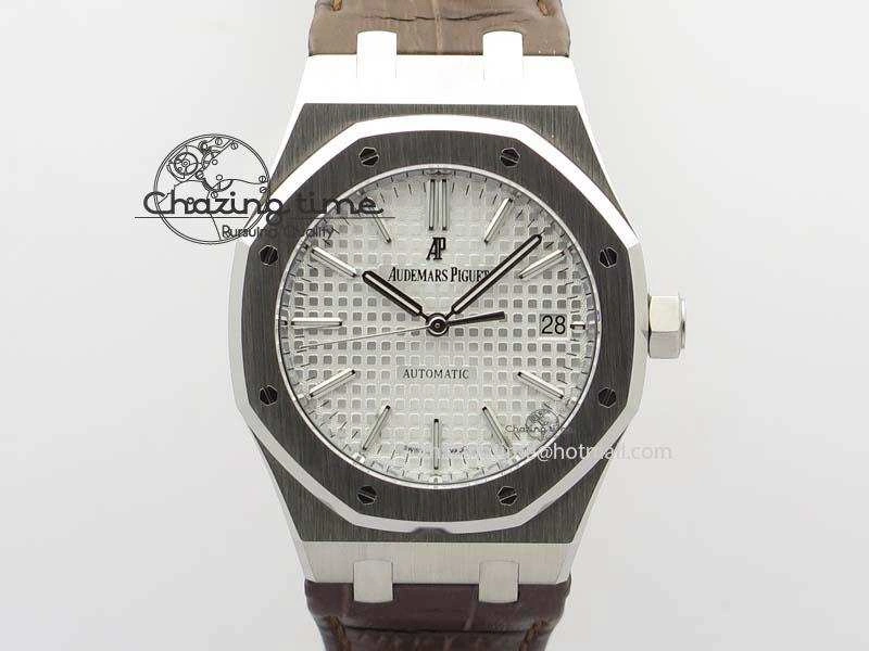 Royal Oak 37mm 15450 SS JF 1:1 Best Edition Silver Dial On Brown Leather Strap A3120