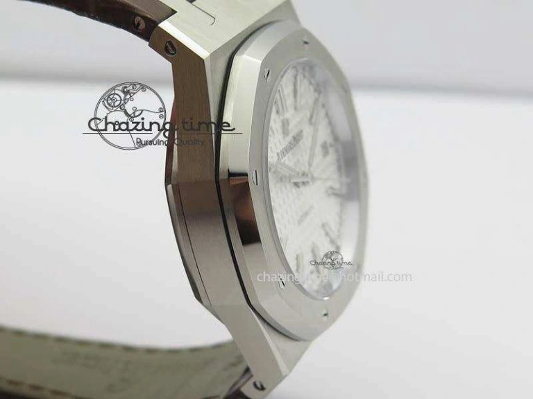 Royal Oak 37mm 15450 SS JF 1:1 Best Edition Silver Dial On Brown Leather Strap A3120