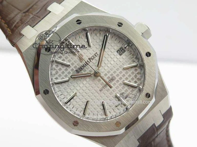 Royal Oak 37mm 15450 SS JF 1:1 Best Edition Silver Dial On Brown Leather Strap A3120