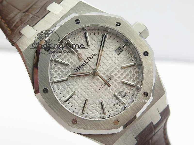Royal Oak 37mm 15450 SS JF 1:1 Best Edition Silver Dial On Brown Leather Strap A3120