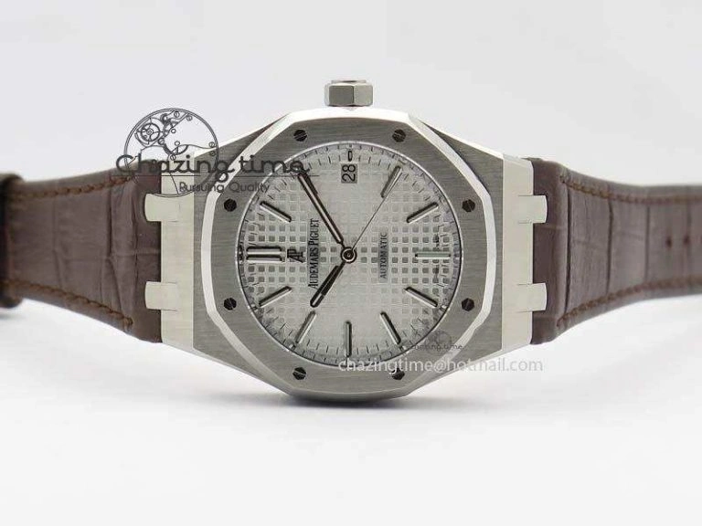 Royal Oak 37mm 15450 SS JF 1:1 Best Edition Silver Dial On Brown Leather Strap A3120