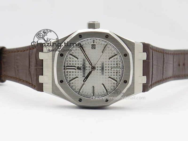 Royal Oak 37mm 15450 SS JF 1:1 Best Edition Silver Dial On Brown Leather Strap A3120