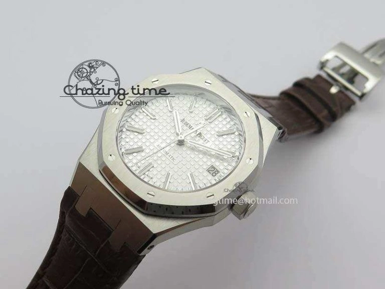 Royal Oak 37mm 15450 SS JF 1:1 Best Edition Silver Dial On Brown Leather Strap A3120