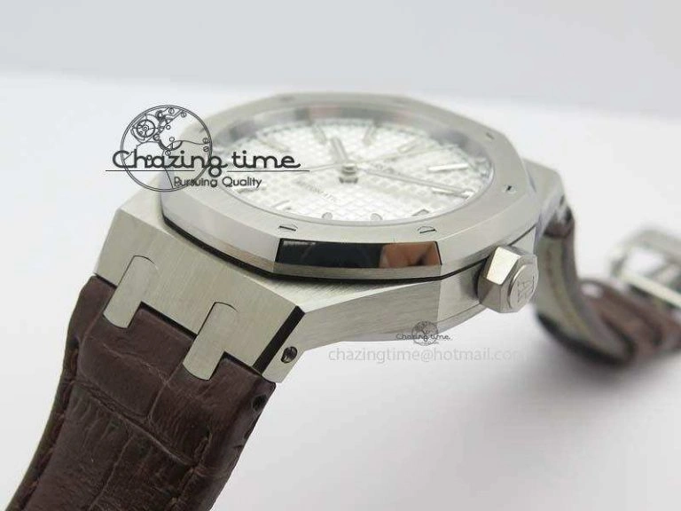 Royal Oak 37mm 15450 SS JF 1:1 Best Edition Silver Dial On Brown Leather Strap A3120