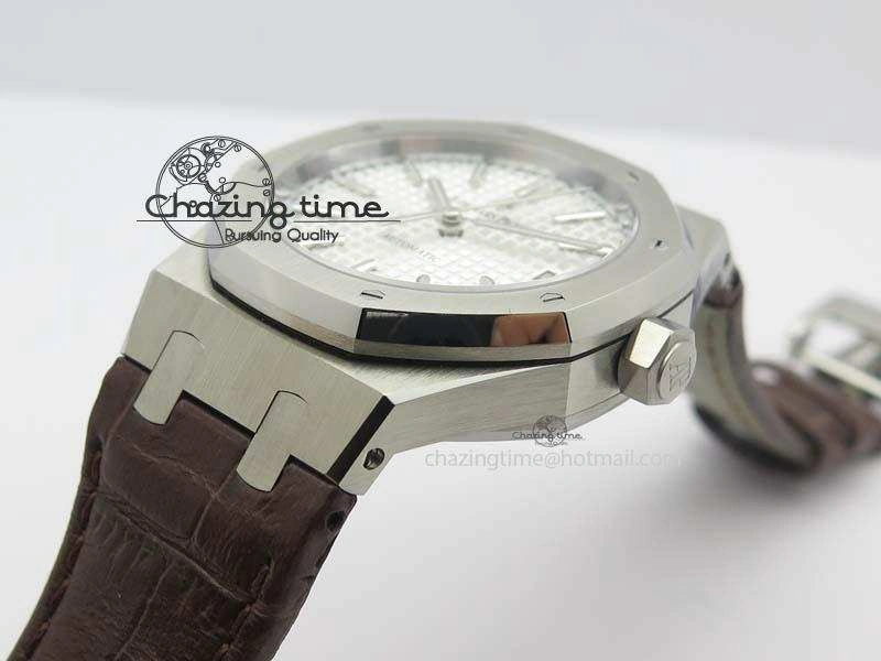 Royal Oak 37mm 15450 SS JF 1:1 Best Edition Silver Dial On Brown Leather Strap A3120