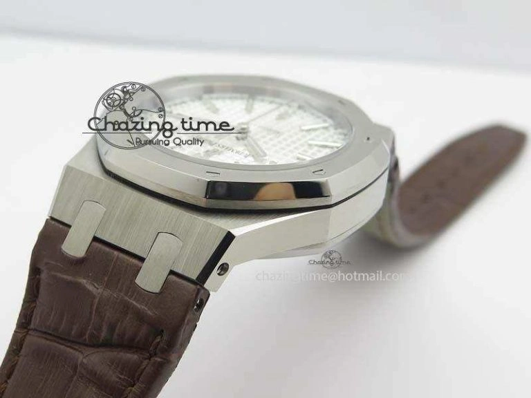 Royal Oak 37mm 15450 SS JF 1:1 Best Edition Silver Dial On Brown Leather Strap A3120