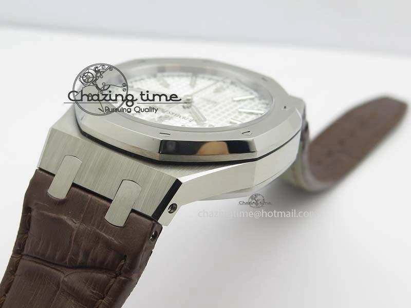 Royal Oak 37mm 15450 SS JF 1:1 Best Edition Silver Dial On Brown Leather Strap A3120