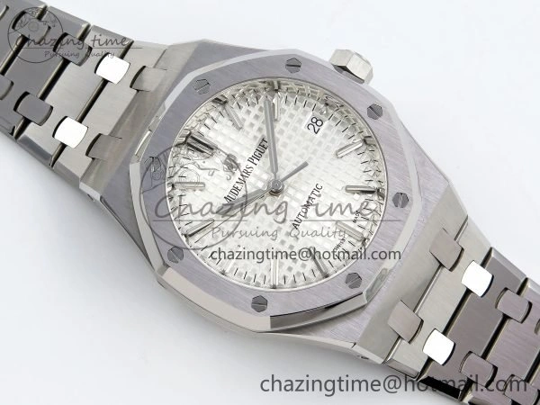 Royal Oak 37mm 15450 SS ZF 1:1 Best Edition White Textured Dial on SS Bracelet SA3120 Super Clone