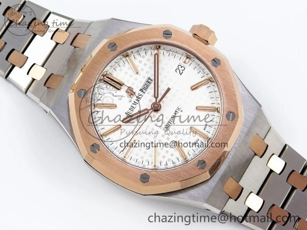 Royal Oak 37mm 15450 SS RG APSF 1:1 Best Edition White Textured Dial on SS RG Bracelet SA3120 Super Clone