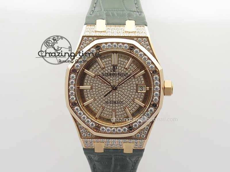 Royal Oak 37mm 15452 RG Full Paved Diamonds JF 1:1 Best Edition Diamonds Dial On Leather Strap A3120
