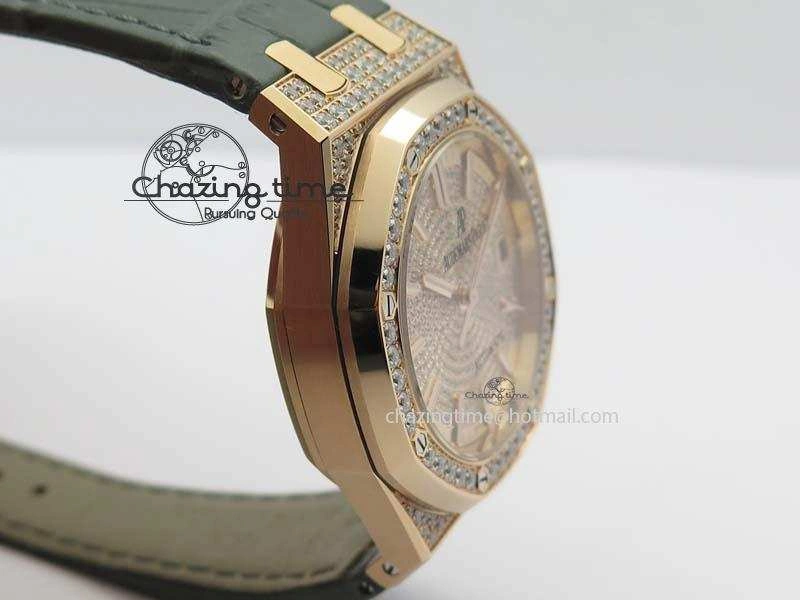 Royal Oak 37mm 15452 RG Full Paved Diamonds JF 1:1 Best Edition Diamonds Dial On Leather Strap A3120