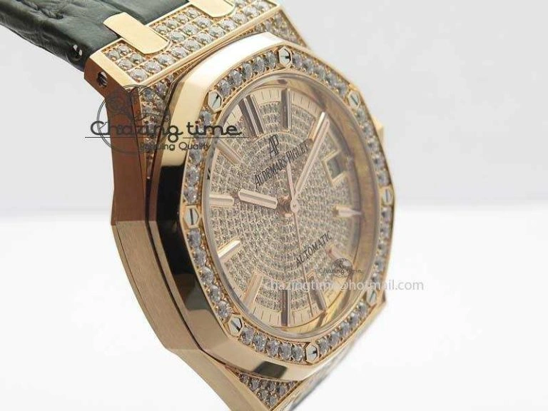 Royal Oak 37mm 15452 RG Full Paved Diamonds JF 1:1 Best Edition Diamonds Dial On Leather Strap A3120