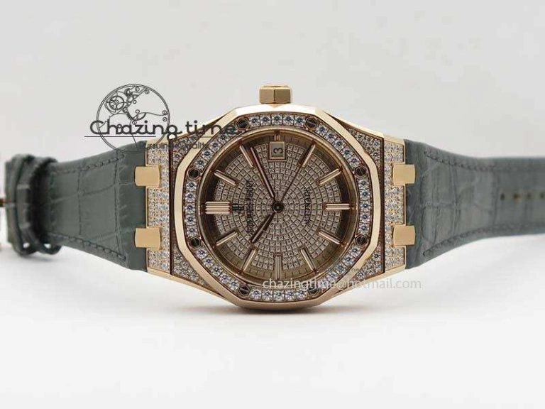 Royal Oak 37mm 15452 RG Full Paved Diamonds JF 1:1 Best Edition Diamonds Dial On Leather Strap A3120