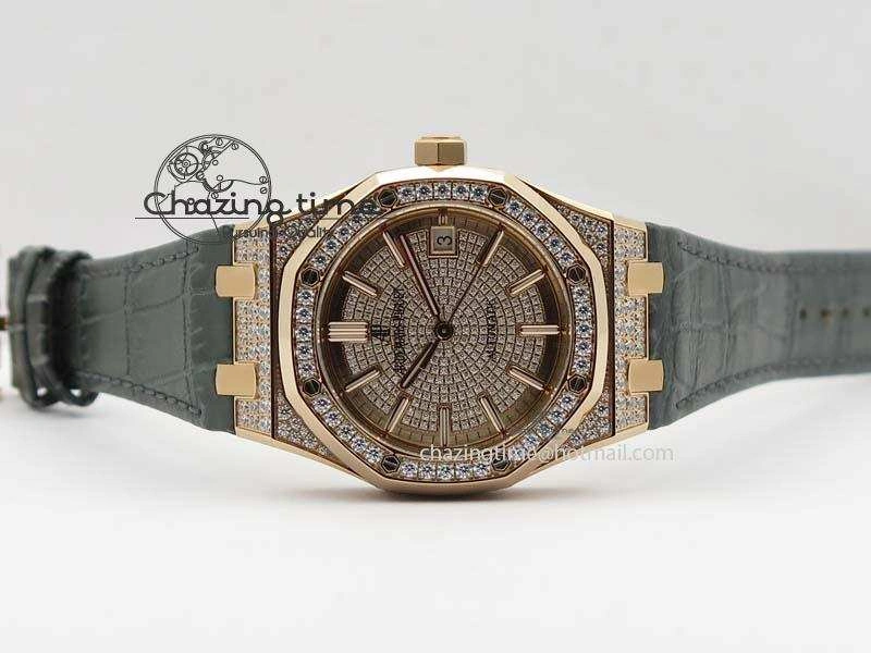 Royal Oak 37mm 15452 RG Full Paved Diamonds JF 1:1 Best Edition Diamonds Dial On Leather Strap A3120