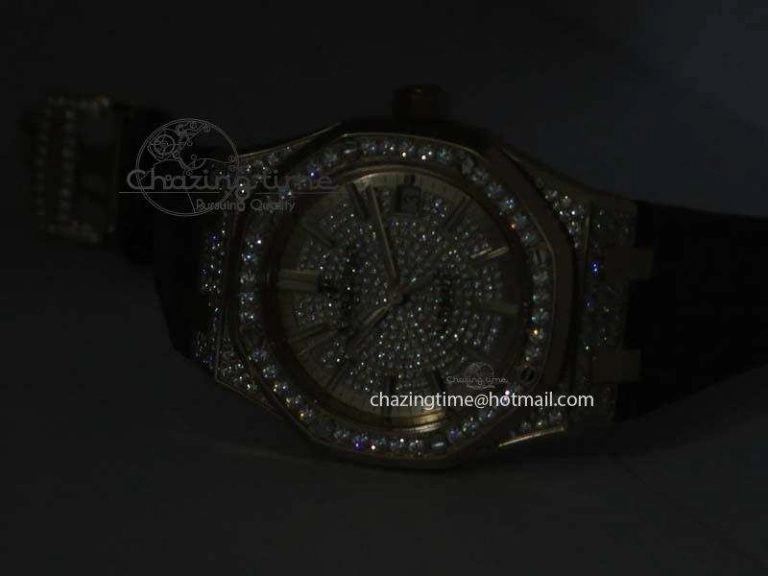 Royal Oak 37mm 15452 RG Full Paved Diamonds JF 1:1 Best Edition Diamonds Dial On Leather Strap A3120