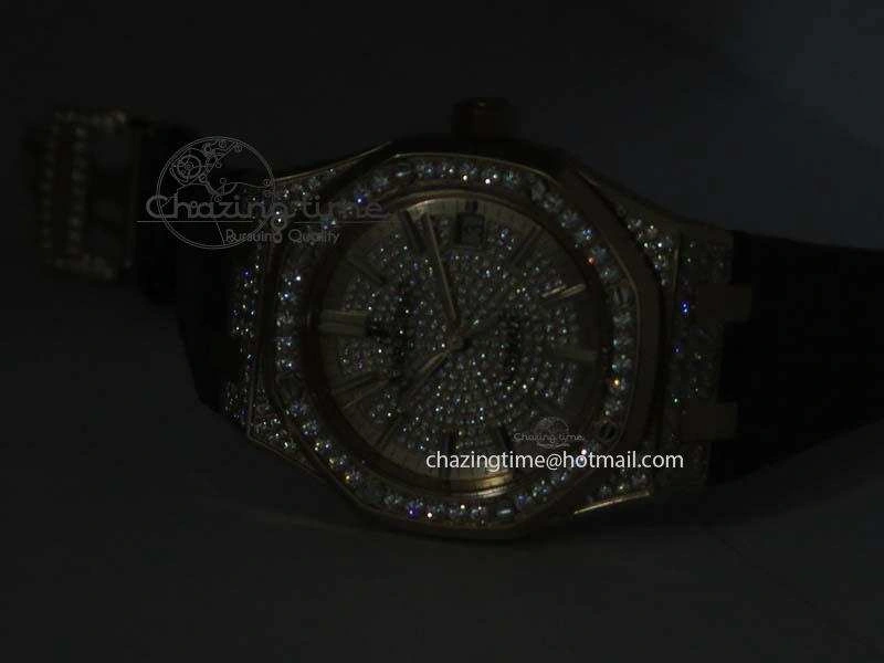 Royal Oak 37mm 15452 RG Full Paved Diamonds JF 1:1 Best Edition Diamonds Dial On Leather Strap A3120